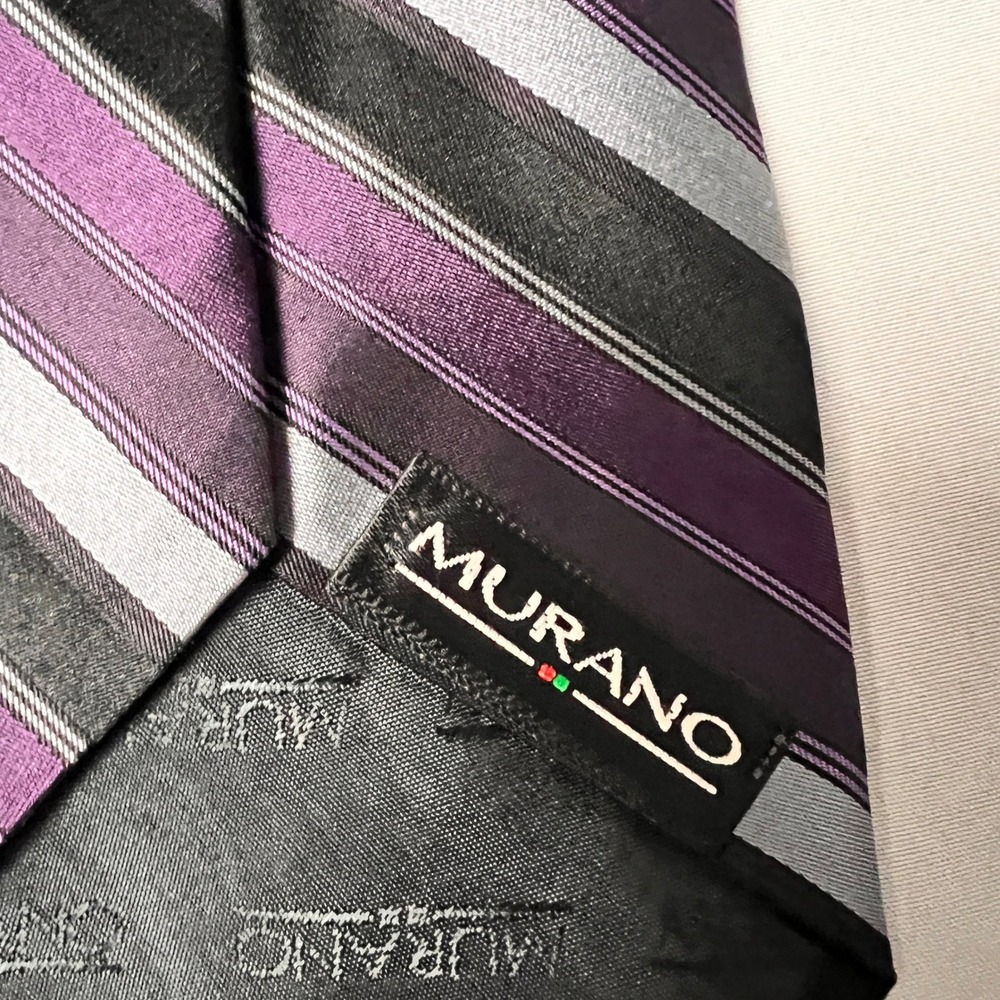 Murano Mens Classic Silk Tie Purple Black Silver Diagonal Stripe Made in USA